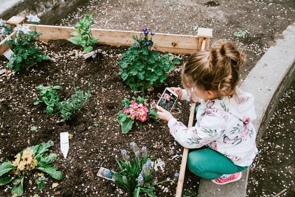 girl near raised flower bed