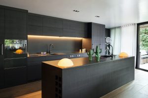 Modern kitchen with sleek black cabinets and simple design. 