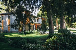 A house with trees shading the front of it.