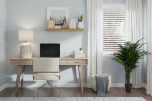 A work from home office with a desk and a computer next to a window and a plant.