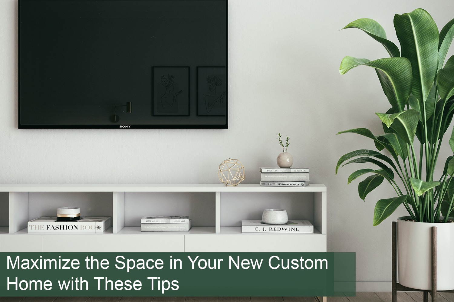 A living room on a new custom home with white walls, a mounted tv, a white console table and a green plant.