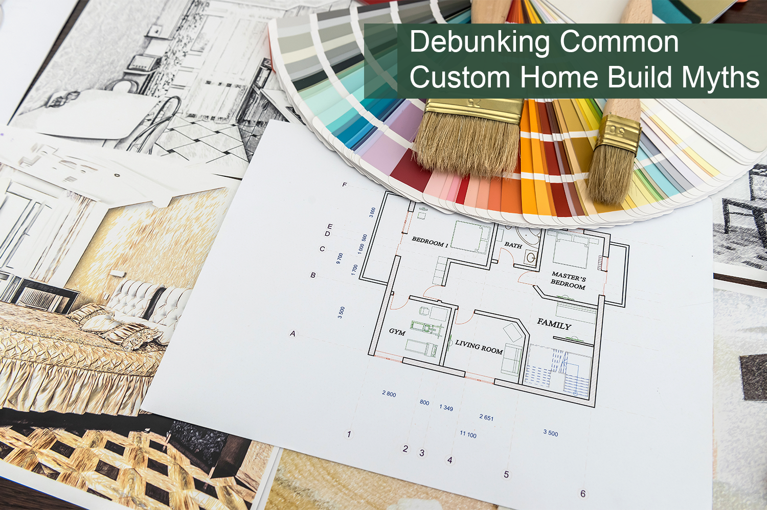 Custom home build plans with a color wheel, two paint brushes, and room mockups on top of it.
