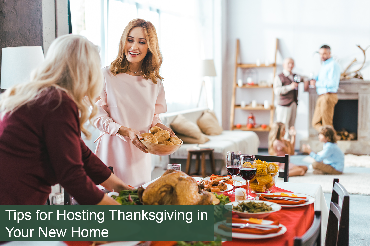 A woman hosting Thanksgiving dinner in her new home with her family around her.